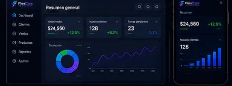 Mockup conceptual de un dashboard de sistema empresarial y su versión móvil