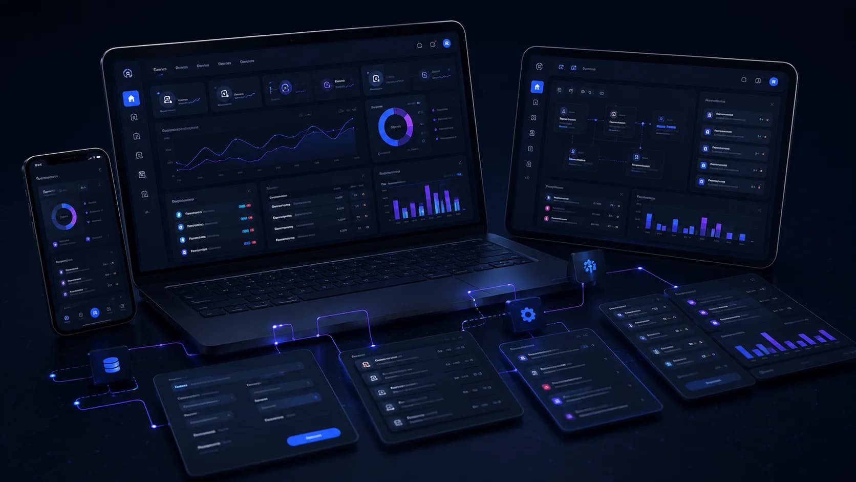 Sistemas y dispositivos conectados entre sí, representando automatización con inteligencia artificial